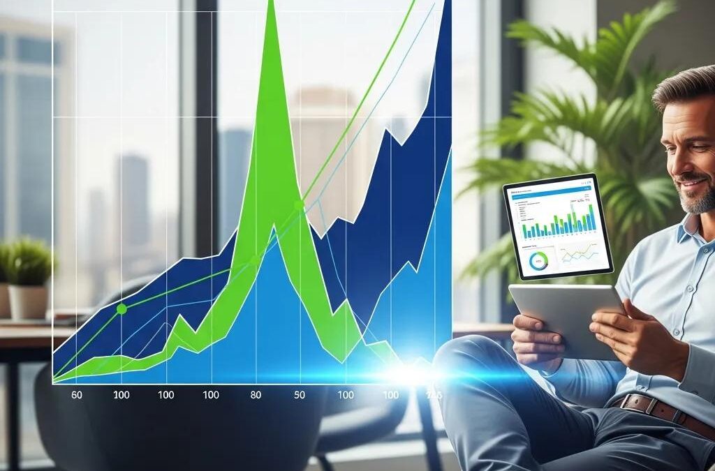 Business owner analyzing growth metrics from SEO and SEM consulting in a vibrant office