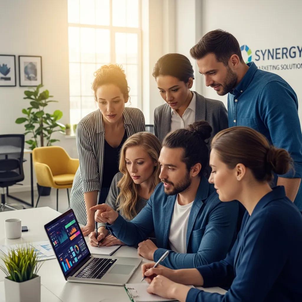 Digital marketing professionals collaborating on SEO and SEM strategies in a modern office
